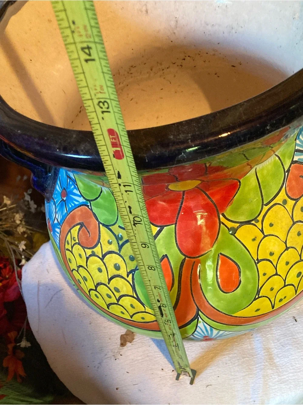 Hand Painted Handled Flower Pot Made in Mexico 12” Tall GORGEOUS